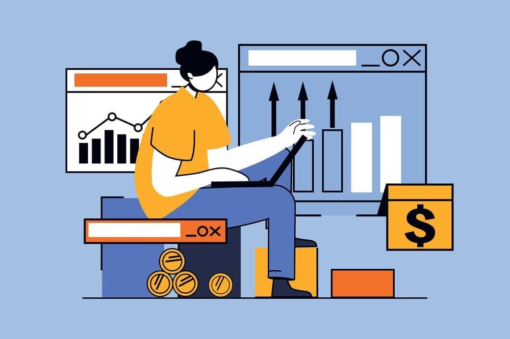 A woman in a flat design illustration calculates a budget and manages her money balance.