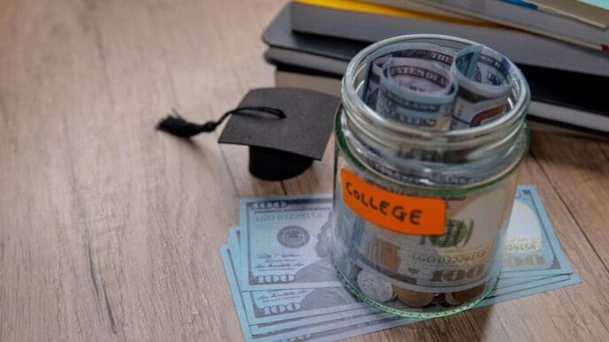 A hand places coins into a piggy bank, symbolizing saving money for college.