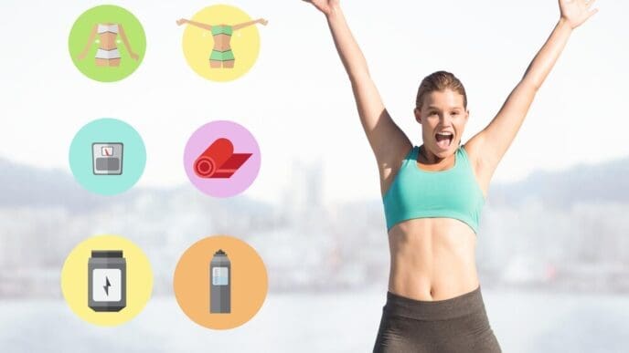 A woman exercises next to icons representing various fitness activities.