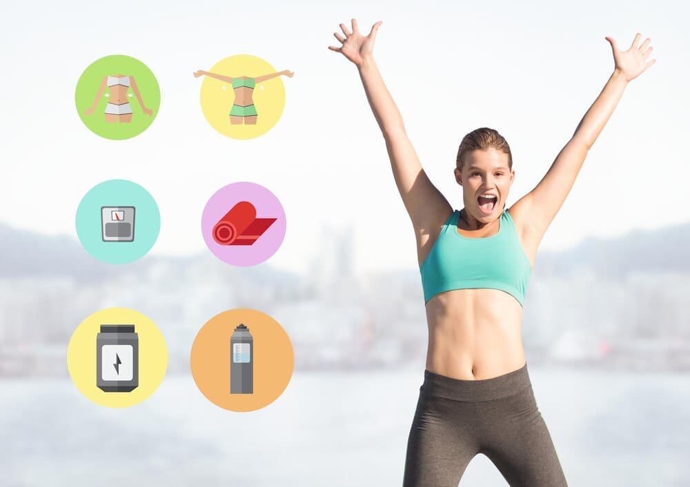 A woman exercises next to icons representing various fitness activities.