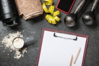 Blurred background of fitness equipment and people exercising, suggesting an active lifestyle.