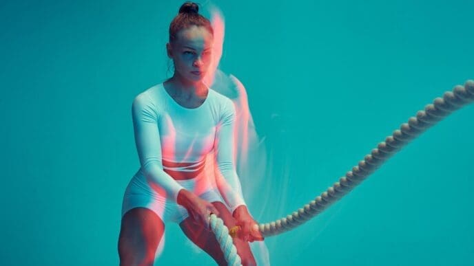 A fitness model on a blue background exercises with a rope, performing a fat-burning workout.