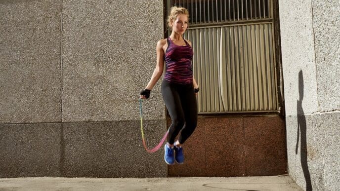 A woman in fitness attire jumps in an urban environment.