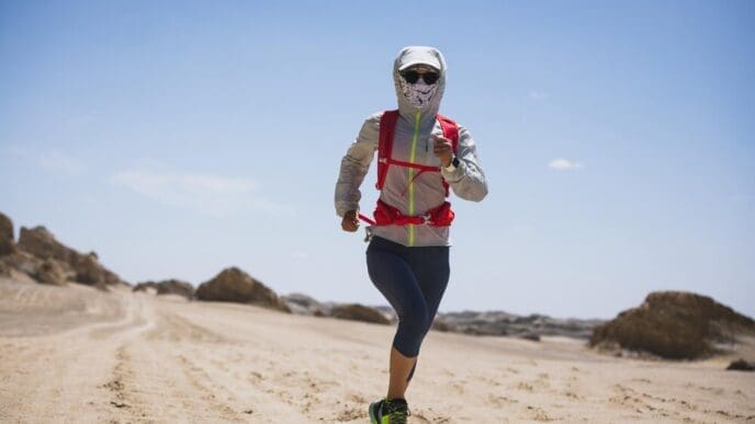 Woman trail running across a desert landscape.