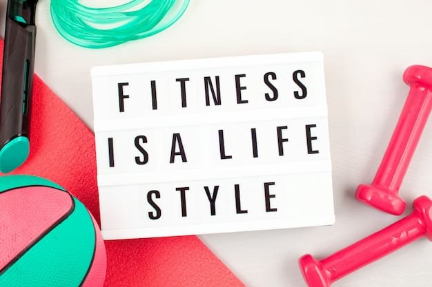 Flat lay of a dumbbell, water bottle, and other exercise equipment.