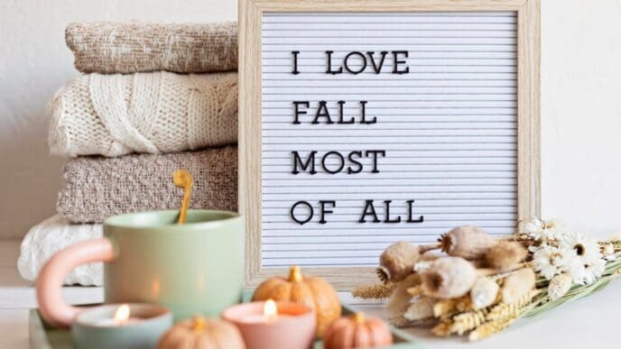 A flat lay features a felt letter board with the text "I love fall most of all" surrounded by autumn-themed decorations.