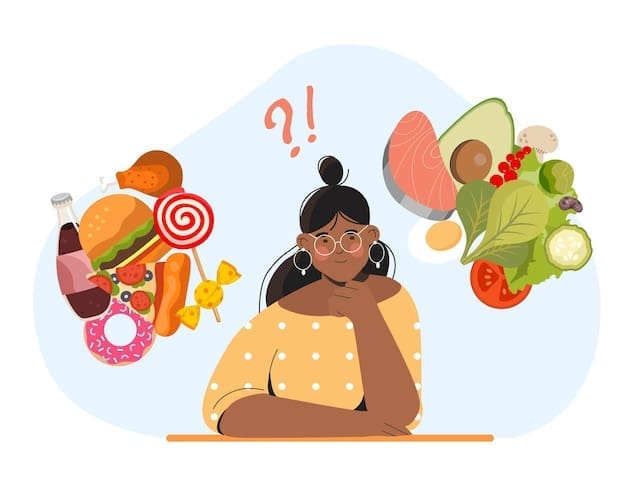 A hand points to a selection of healthy foods on a table.