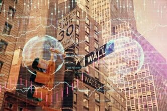 Forex chart overlaid on a cityscape with tall buildings, representing financial research.