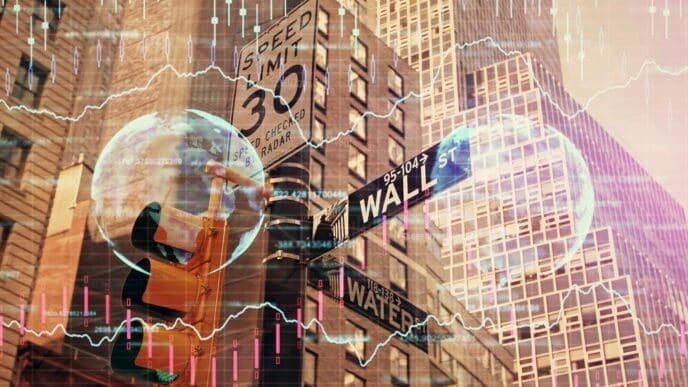Forex chart overlaid on a cityscape with tall buildings, representing financial research.