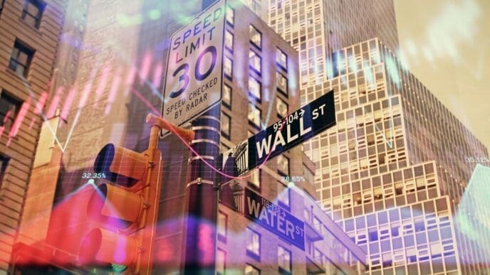 A multi-exposure image shows a forex chart overlaid on a cityscape with tall buildings.