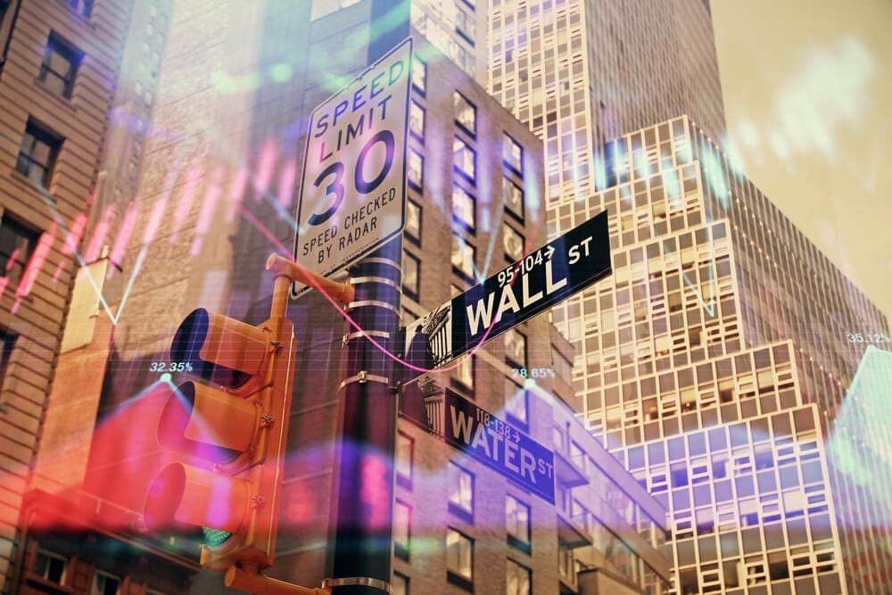 A multi-exposure image shows a forex chart overlaid on a cityscape with tall buildings.