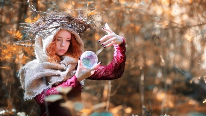 A person in a forest setting conducts a ritual, likely a fortune-telling session.