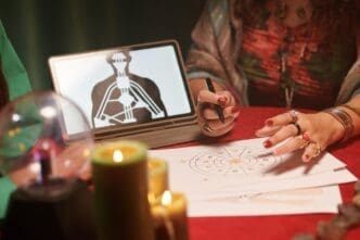 A fortune teller reads and interprets an astrology birth chart.