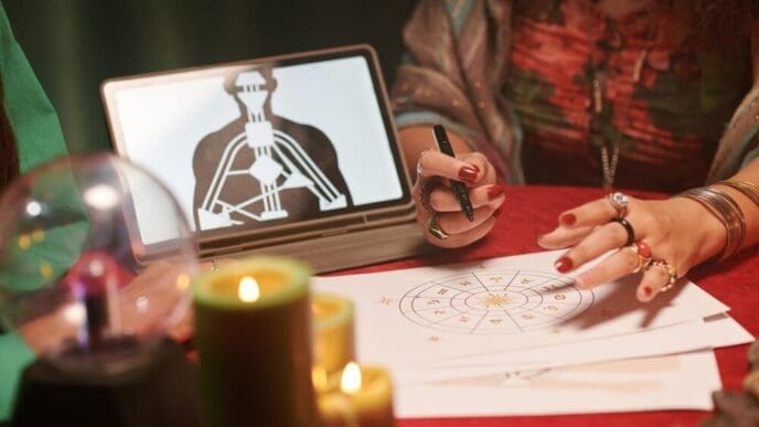 A fortune teller reads and interprets an astrology birth chart.
