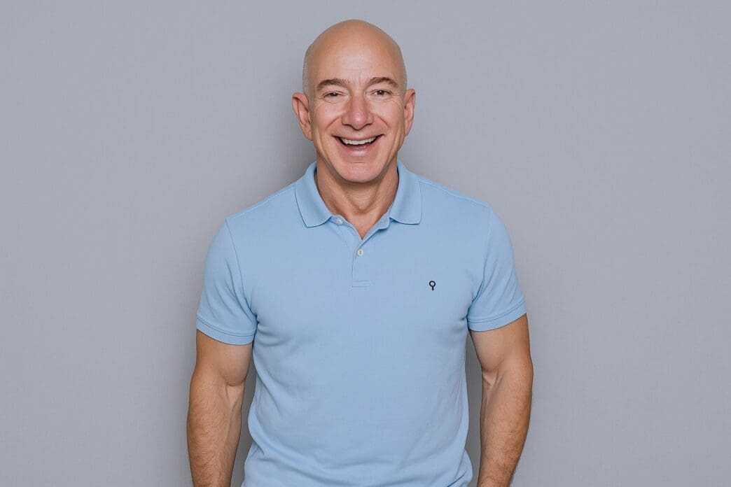 Headshot of Jeff Bezos, bald and smiling, wearing a light blue polo shirt.