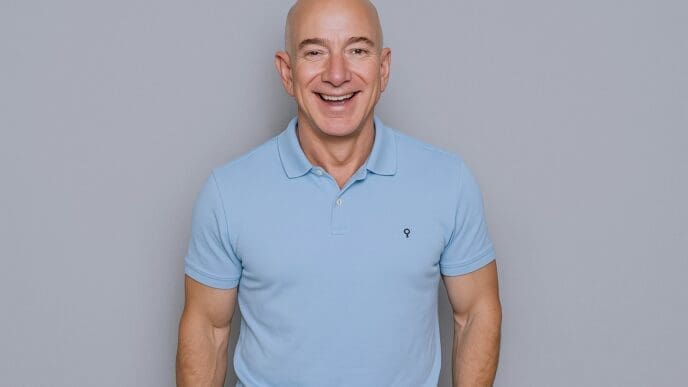 Headshot of Jeff Bezos, bald and smiling, wearing a light blue polo shirt.