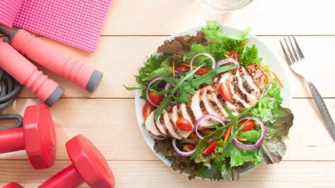 A fresh salad with chicken sits on a wooden table next to fitness equipment.