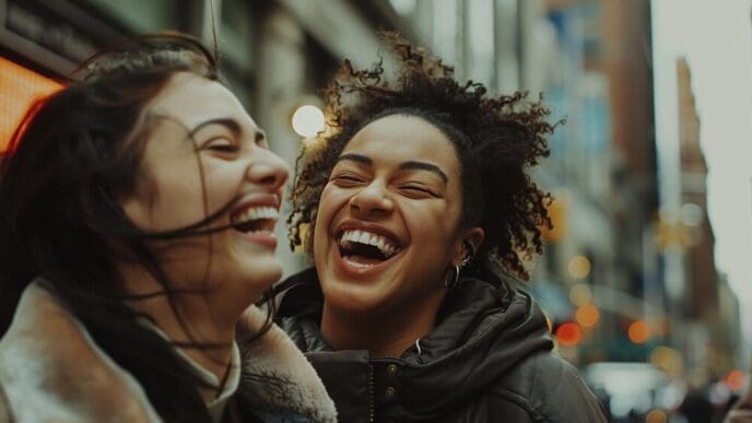 A group of friends explores a new city, laughing together.