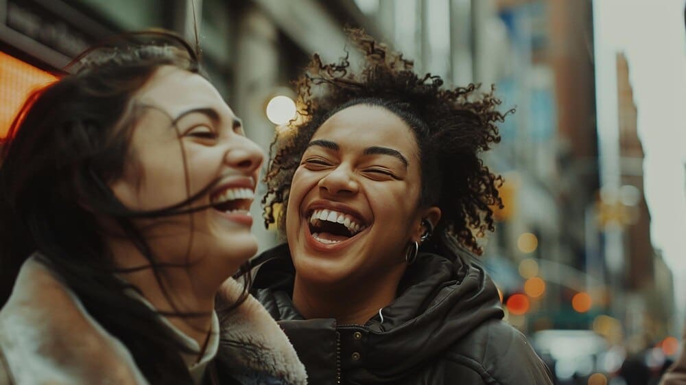 A group of friends explores a new city, laughing together.