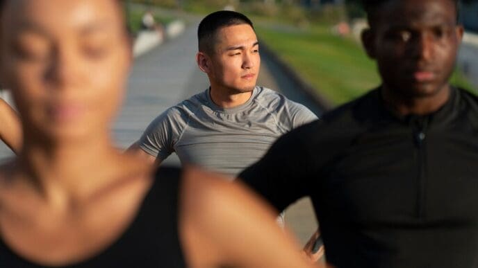 Four friends, dressed in workout clothes, stand together smiling outdoors.