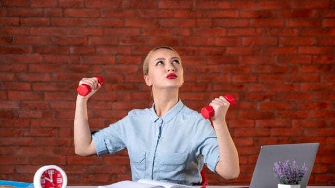 A professional travel agent in athletic wear works out with red dumbbells, assisted by a map.