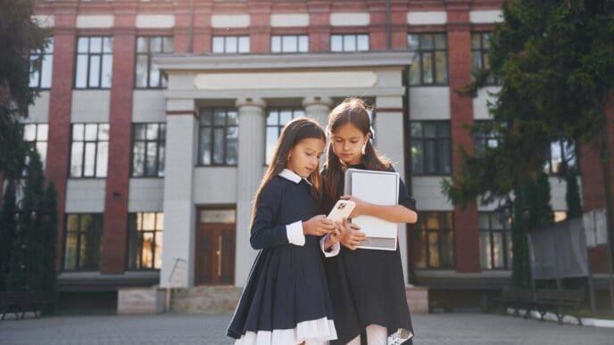 Two young schoolgirls stand side-by-side outdoors near a school building.