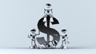 Animated robots next to a dollar bill.
