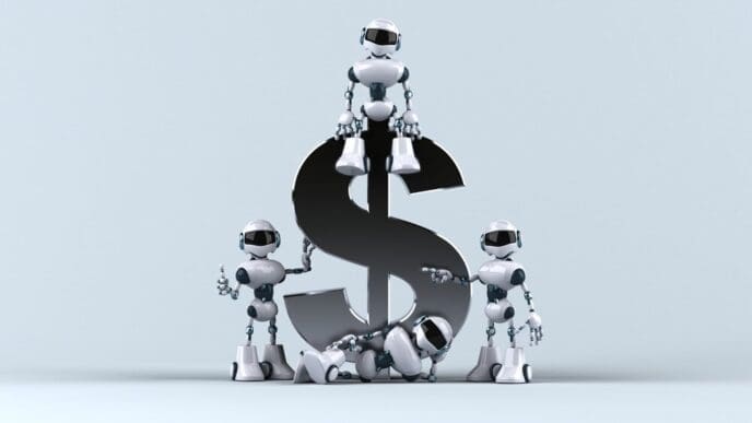 Animated robots next to a dollar bill.