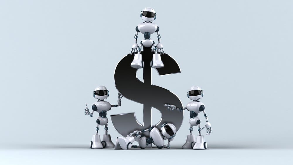 Animated robots next to a dollar bill.