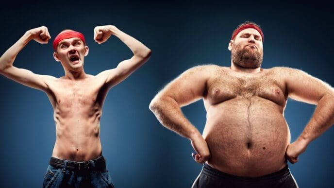 A group of geeks, some fat and some thin, flex their muscles in a humorous pose.