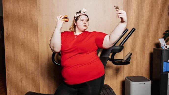 A woman in workout clothes and a bandage poses for a selfie with a burger next to a treadmill.