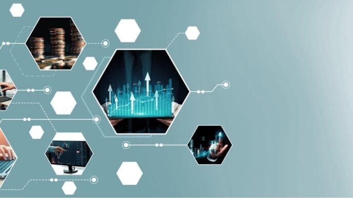 A futuristic graphic depicts interconnected digital data streams and financial charts, representing big data technology.
