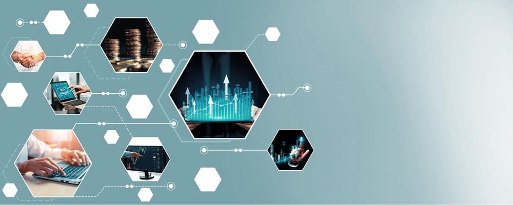 A futuristic graphic depicts interconnected digital data streams and financial charts, representing big data technology.