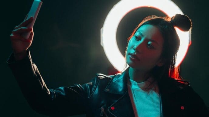 A neon-lit cyberpunk portrait features a girl taking a selfie with futuristic gadgets.