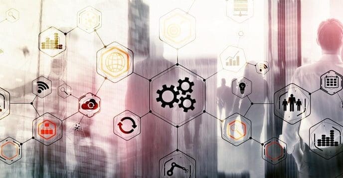 Abstract illustration of interconnected gears representing engineering, manufacturing, automation, and innovation.