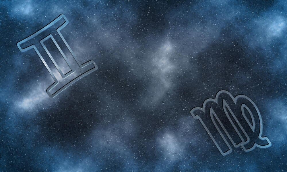 Symbols representing the Gemini and Virgo zodiac signs, often used in a compatibility horoscope.