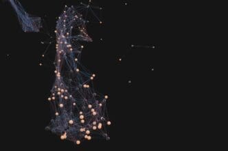 3D rendering of a biological gene structure with interconnected lines and nodes.