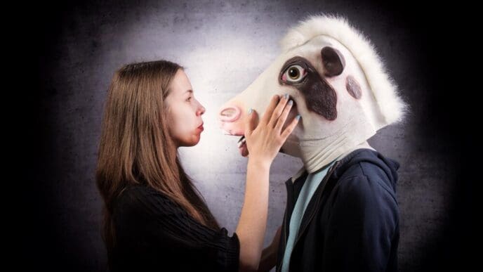 A girl and a boy stand close together, each wearing a horse head mask, creating a surreal and unusual image.