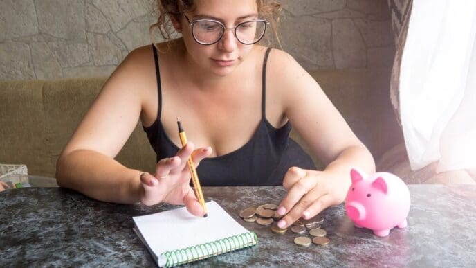 A young girl cries while looking at a piggy bank with only pennies, representing her financial struggles.