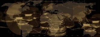 A blurred background features a world map and stock market graphs, overlaid with a money composite.