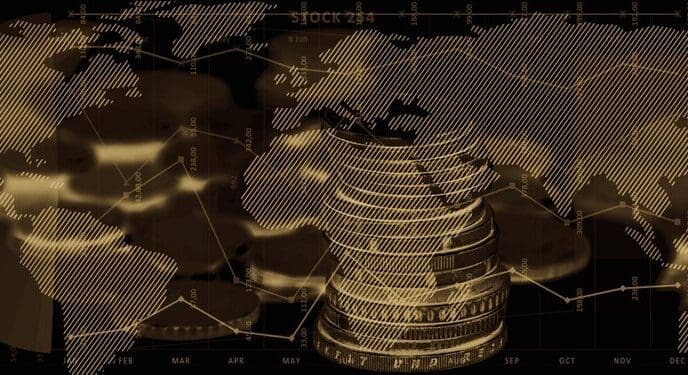 A blurred background features a world map and stock market graphs, overlaid with a money composite.