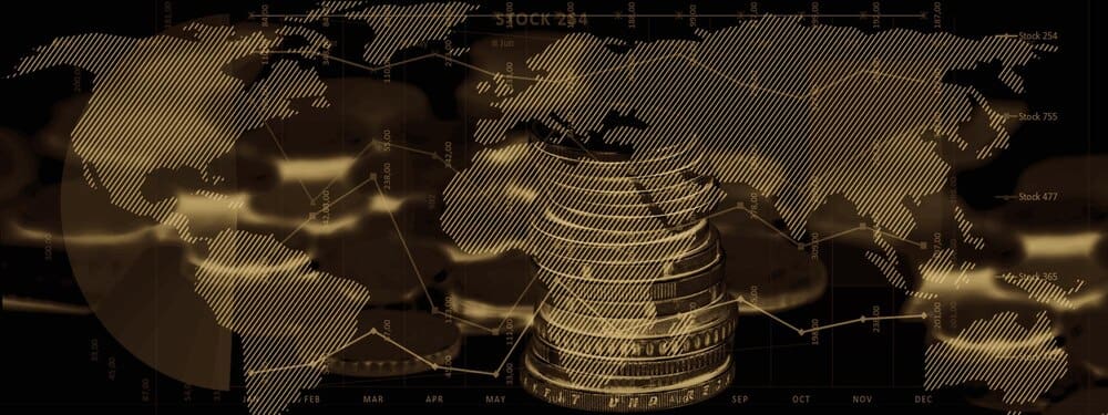 A blurred background features a world map and stock market graphs, overlaid with a money composite.