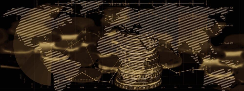A blurred background features a world map and stock market graphs, overlaid with a money composite.