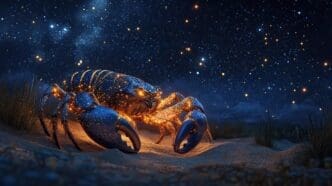 A bioluminescent crab glows brightly beneath a dark sky filled with stars.