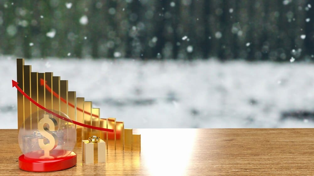 A gold dollar coin rests inside a Christmas crystal ball, beside a wrapped gift box.