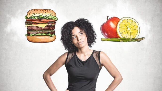 A young African American woman in black jeans stands with her hands on her waist, contemplating near a concrete wall with hamburger and fruit sketches.