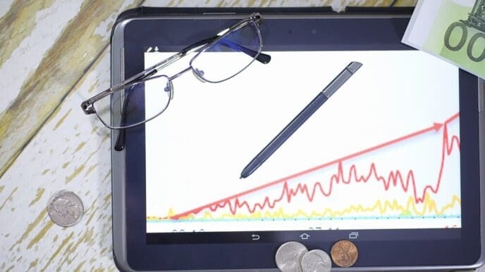 A person uses a tablet and smartphone to view a graph depicting income growth, with currency symbols visible on the chart.