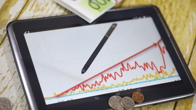 A tablet and smartphone display a line graph illustrating income growth, likely with currency symbols indicating profit.