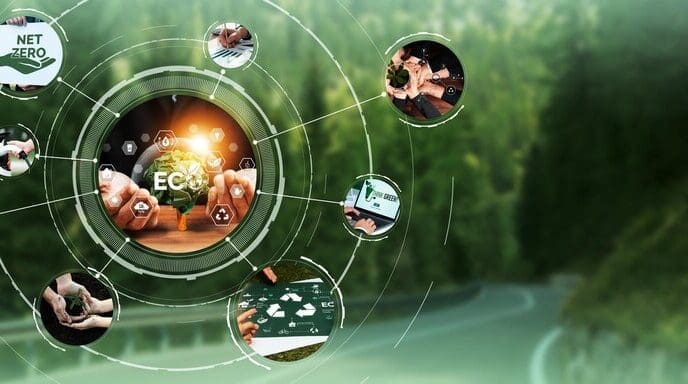 A graphic depicts a green business ESG management tool with a world map, a graph, and a calendar, symbolizing a sustainable future.