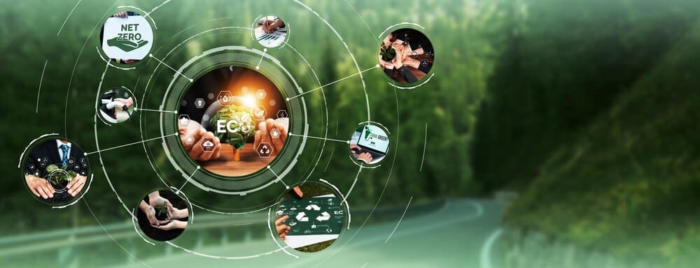 A graphic depicts a green business ESG management tool with a world map, a graph, and a calendar, symbolizing a sustainable future.